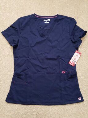 NWT Made size Medium navy blue scrub top stretch pockets career work nurse